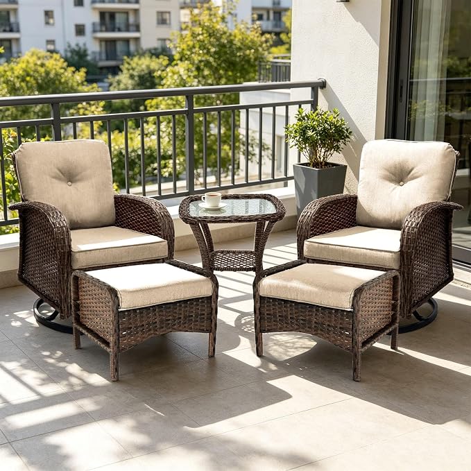 All Weather Patio Furniture Set, High Back Swivel Rocker Glider Chairs,Ottomans & Glass Tables, Outdoor Conversation Set for Deck Porch Yard Poolside (Brown, 5PCS-Swivle Chairs&Ottomans&Table)