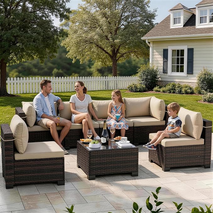 LAFWLL 7 Pieces Outdoor Patio Furniture Sets,Rattan Conversation Sectional Set,Manual Weaving Wicker Patio Sofa with Tea Table