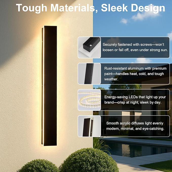 Modern Outdoor Wall Lights - 2pack 39inch Dimmable Black Exterior Light Fixtures Wall, Porch Lights Outdoor Wall Sconce, Patio Long Strip Wall Light Fixtur Outside for Garage, House(4.72 Inch Wide)