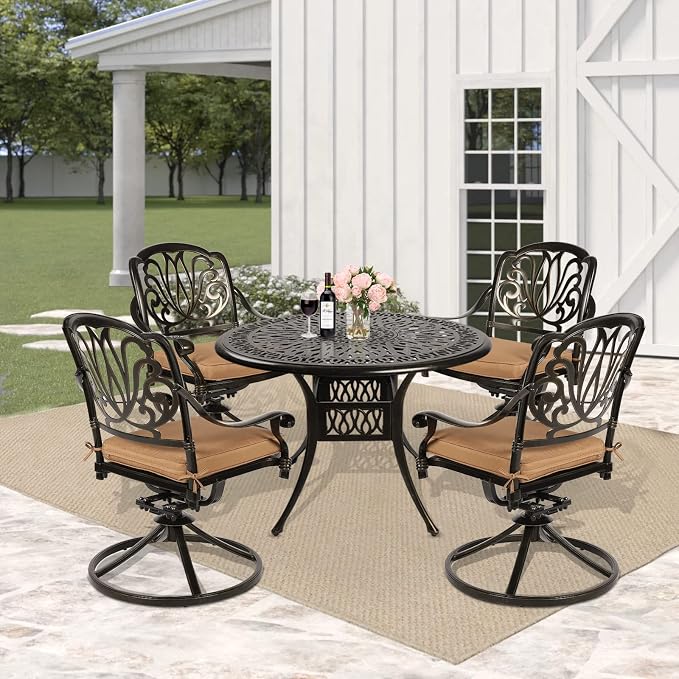 5 Piece Patio Dining Set, Outdoor Table and Chairs Set for 4 Cushioned Swivel Rocking Chairs and 35.4'' Round Table, All-Weather Cast Aluminum Patio Funiture Set, 2'' Umbrella Hole