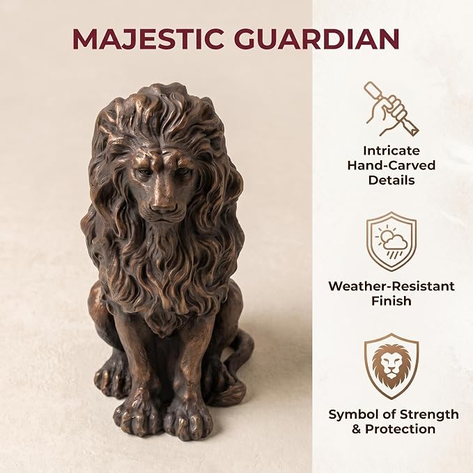 20.5" Brown Lion Statue, Resin Outdoor Guardian Sculpture | Weather-Resistant Finish, Simulated Animal Decor, For Villa Garden Park Resort, Home Courtyard