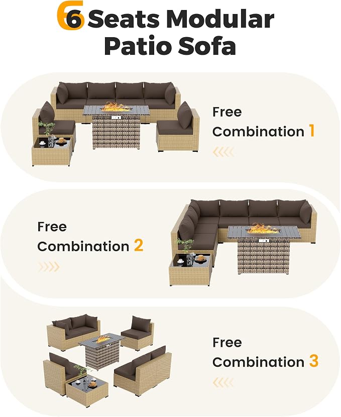 UDPATIO Patio Furniture Set with Fire Pit Table, 8 Piece Sectional Sofas All-Weather Wicker Conversation for Garden, Backyard, Brown