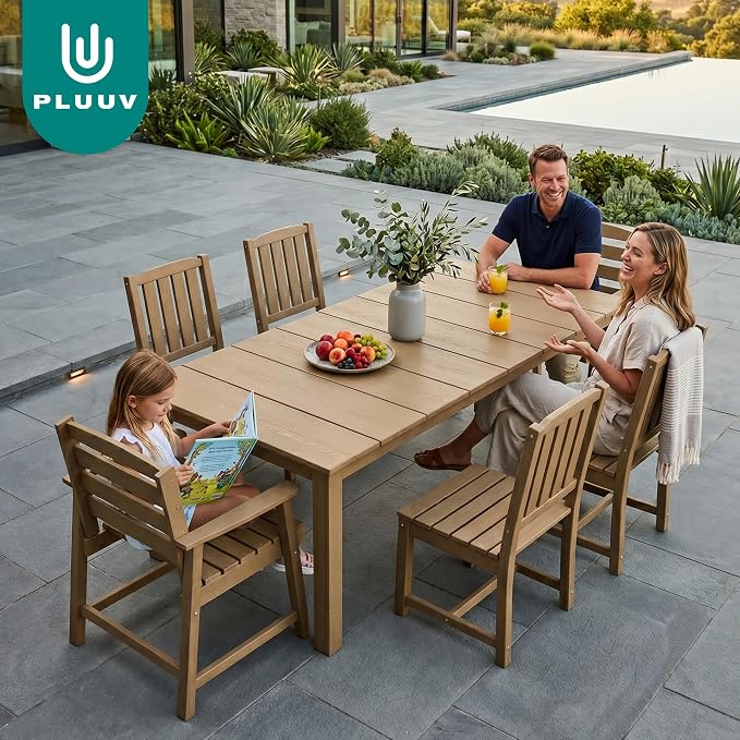 PLUUV 7-Piece Outdoor Patio Dining Set, All-Weather HDPE Dining Furniture Set with Umbrella Hole Cut-Out Table, Aluminum Table Legs, and 6 Chairs, Waterproof & Easy Clean for Backyard, Garden, Brown