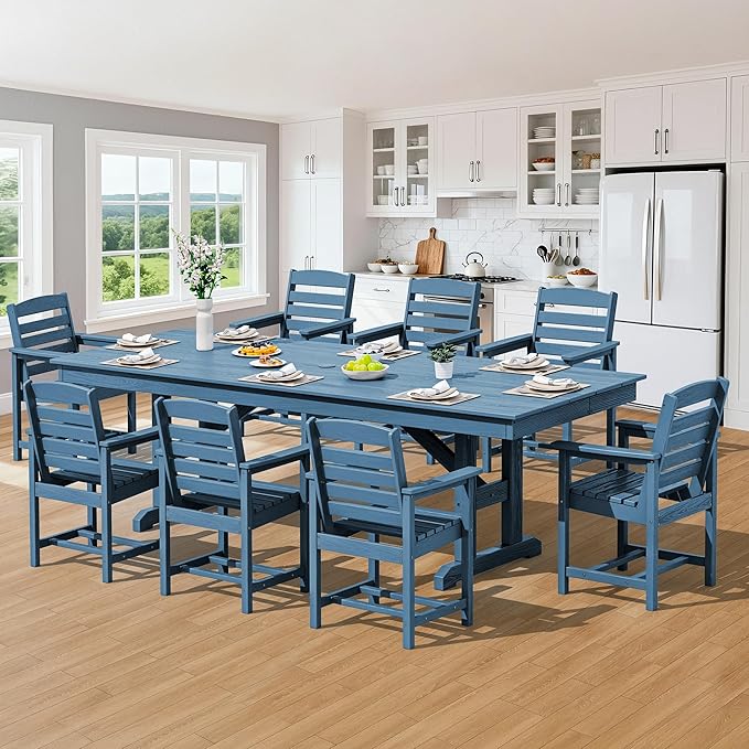 SERWALL Outdoor Dining Table, 84" Rectangular Dining Table for 6-8 Person, All Weather HDPE Outdoor Furniture for Backyard, Garden, Blue