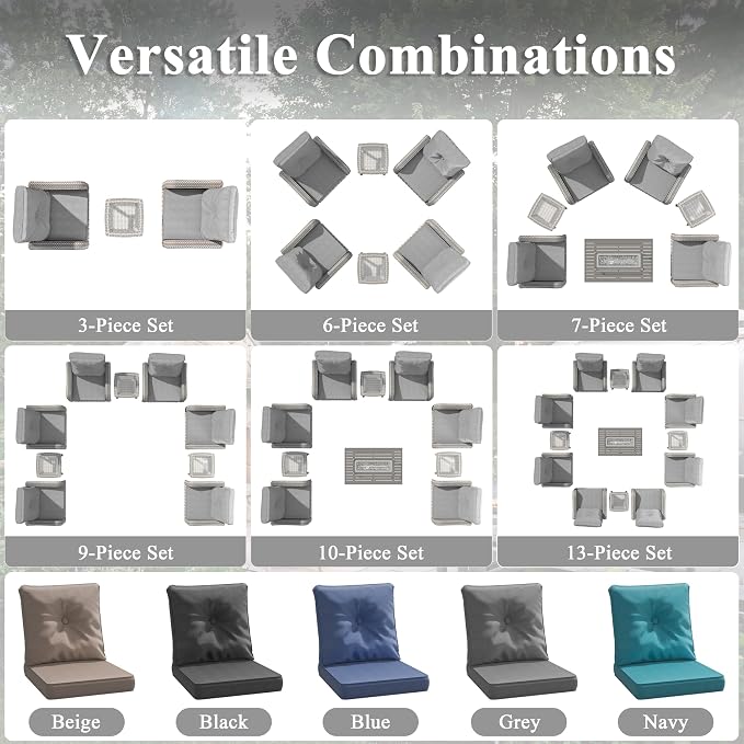 10 Piece Wicker Patio Furniture Set with 55,000 BTU Fire Pit Table, Swivel Rocking Chairs, 4''Cushions, PE Rattan, Wind Guard Glass, for Backyard, Deck or Balcony, Grey