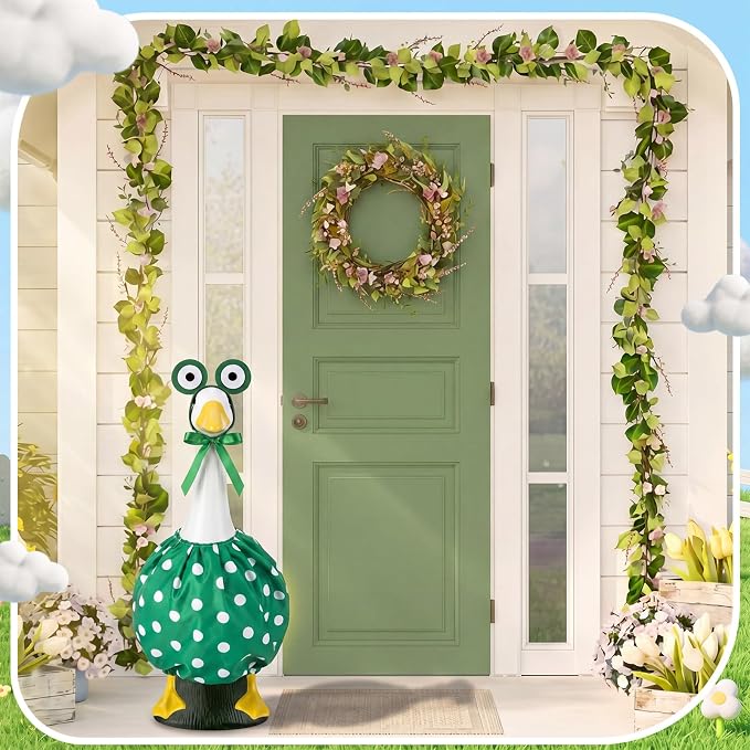23" Porch Goose Outfit Frog Goose Dress Clothes with Crochet Frog Eyes Hood and Green Polka Dot Bubble Dress Costume for 23" Gooses Statue Decoration Patio Yard Garden Lawn Outdoor Decors