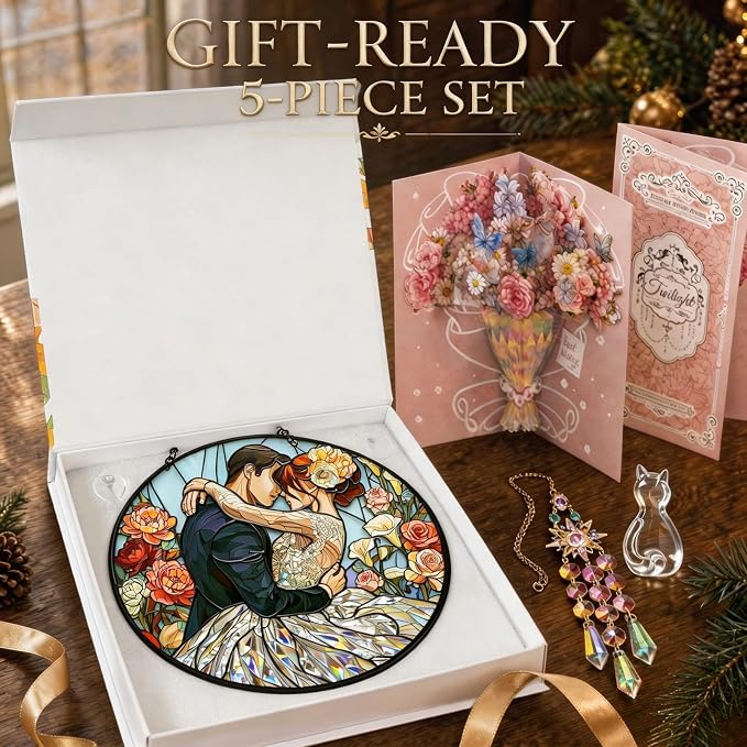 Deluxe Bundle | Stained Glass Window Hanging, Love Heart 3D Embossed Diamond Glass Suncatcher, 7-Piece Romantic Gift Set with Crystal Pendant & Invisible Hooks