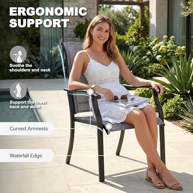 NUU GARDEN 5-Piece Patio Dining Set with Umbrella Hole, Outdoor Furniture Set Includes Round Patio Table, 4 Textilene Dining Chairs, Outdoor Dining Set for Backyard Garden Poolside, Gray and Black