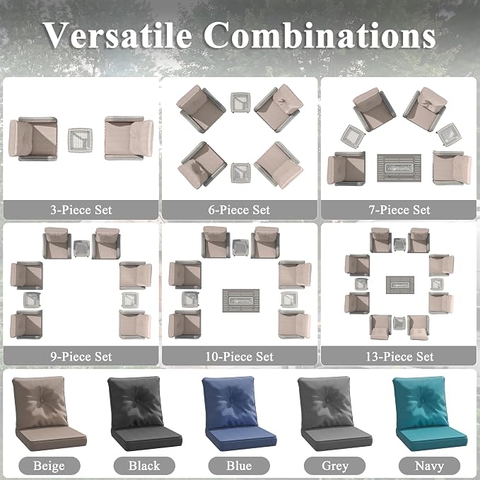 3 Piece Patio Furniture Set with Swivel Rocking Chairs, Outdoor Wicker Conversation Set with 4" Cushions, Glass Side Table, PE Rattan and Rust-Resistant Frame, Beige