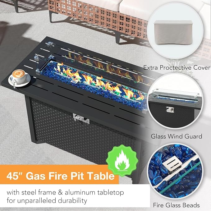 8-Piece Wicker Patio Furniture Set with Propane Fire Pit Table, Natural PE Rattan Outdoor Sectional Sofa with Water-Resistant Cushions, Wind Guard and Cover for Backyard Lounge Area(Black2)