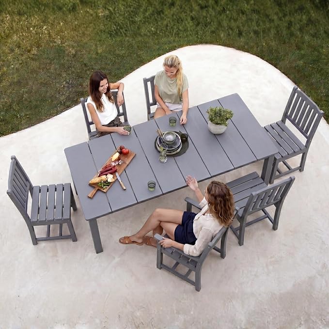 Perli™ 7-Piece Outdoor Dining Set, All-Weather HDPE Patio Table and 6 Chairs with Umbrella Hole, UV-Resistant Composite Wood Dining Furniture for Deck, Backyard, Poolside, Grey
