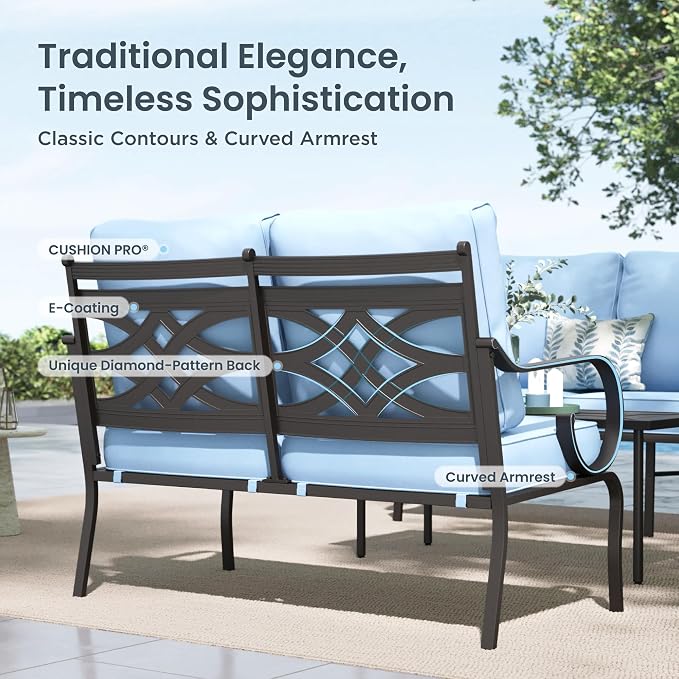 PHI VILLA Patio Furniture Set, a Loveseat, 3-Seater Sofa, 2 Swivel Chairs and a Coffee Table, Outdoor Metal Conversation Set with 5.75" Extra Thick Cushion for Garden Backyard Deck, Blue