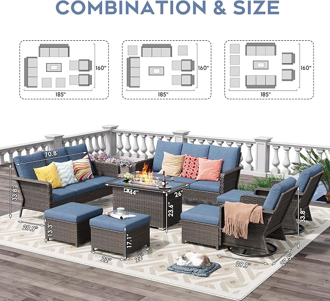 12 Seats Outdoor Patio Furniture Set with Fire Pit Table, High Back Swivel Chairs Conversation Sets with Ergonomic Backrest, Wicker Sectional Sofa with Gilder Chair for Yard Garden Porch, Blue