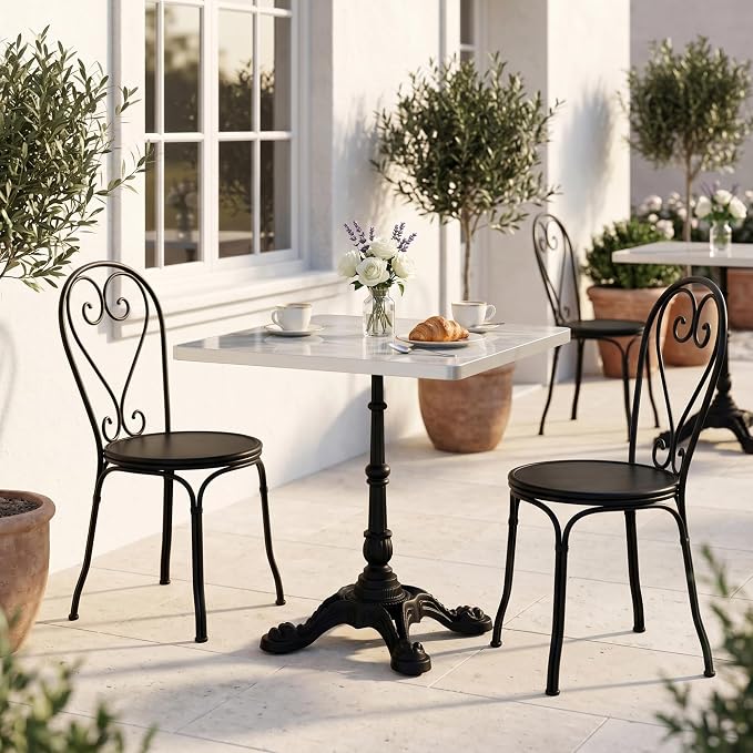 31.5" Square Outdoor Patio Dining Bistro Table, Sintered Stone Top | Glossy sintered stone top, cast iron tulip base, compact size for patio, balcony, garden, or café use, 2-4 People Dining