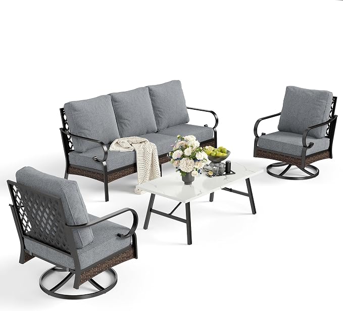 SUNSHINE VALLEY 4 PCS Metal Outdoor Patio Furniture Set, Patio Conversation Sets 1 3-Seater Sofa, 2 Swivel Chairs with 5.75" Extra Thick Cushion & Coffee Table, Black Frame Backyard Furniture, Gray