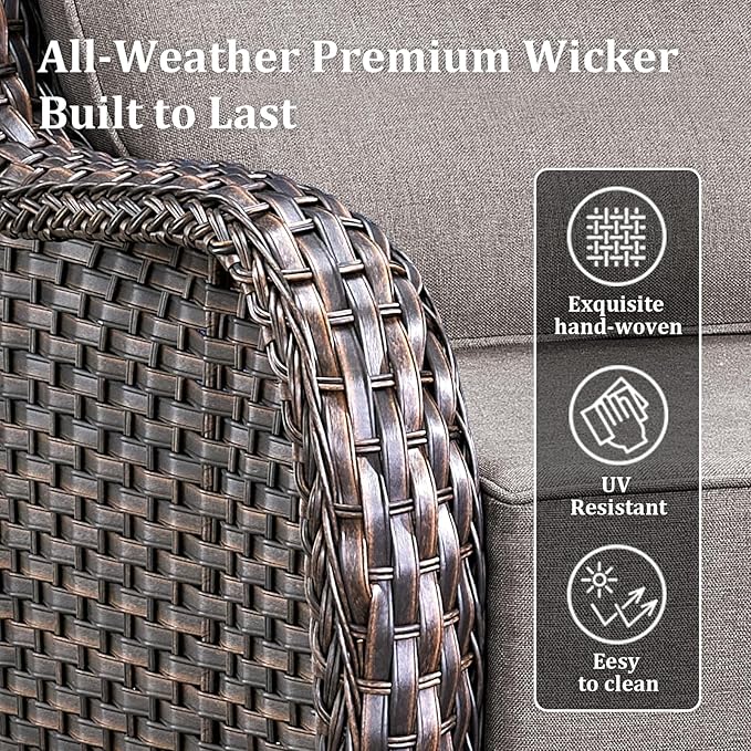 Luxury Patio Furniture Set with 42.5" Fire Pit Table, 10 Pieces High Back All Weather Wicker Outdoor Furniture w/ 6-Inch Thick Cushions, Patio Swivel Chairs Couch for Deck Balcony Backyard Brown/Grey