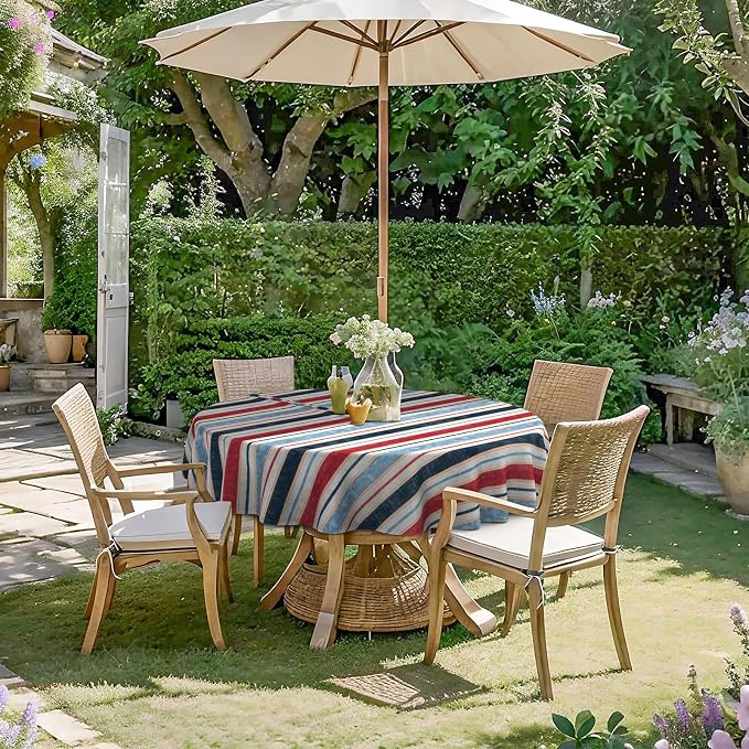 DYTXIII Outdoor Round Tablecloth with Umbrella Hole 60 Inch, Water Repellent & Fade Resistant Table Cover, All Weather Outdoor Tablecloth for Garden & Party Table, Stripe Red Blue