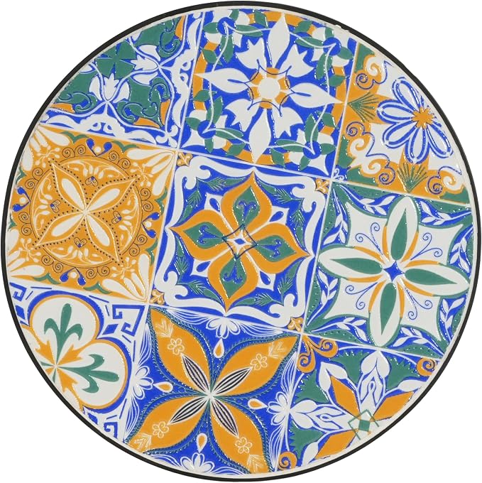 Outdoor Metal Side Table with Ceramic Tile Top Mosaic Patio Side Table and Plant Stand Tables, Round Side Table Iron End Tables for Yard Porch Balcony Garden, Daisy Blue &Yellow
