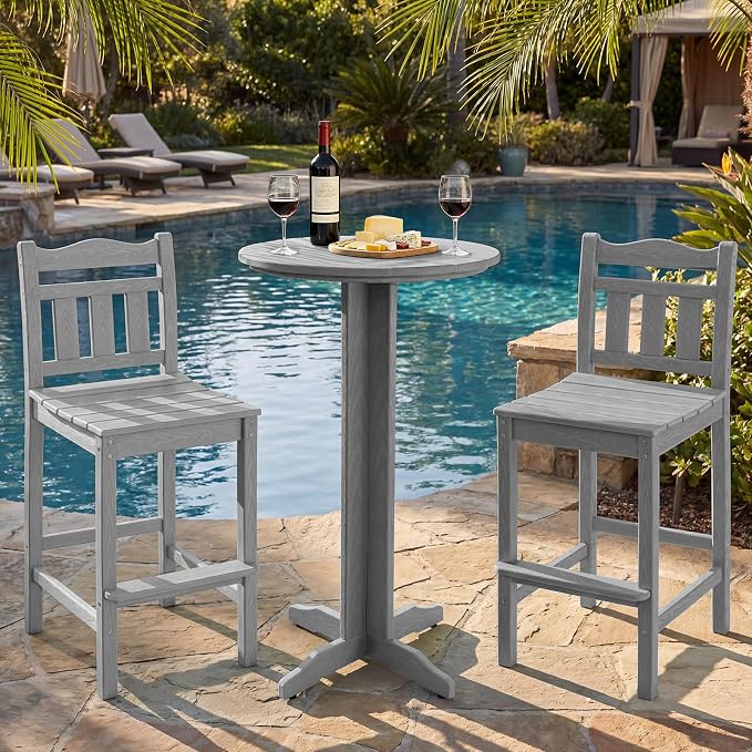 3-Piece Outdoor Bar Set, HDPE Adirondack Bar Height Chairs Set of 2 and Round Bar Table, All Weather Patio Bar Set Outdoor Bar Stools Set for Balcony, Poolside, Backyard (Slate Grey)