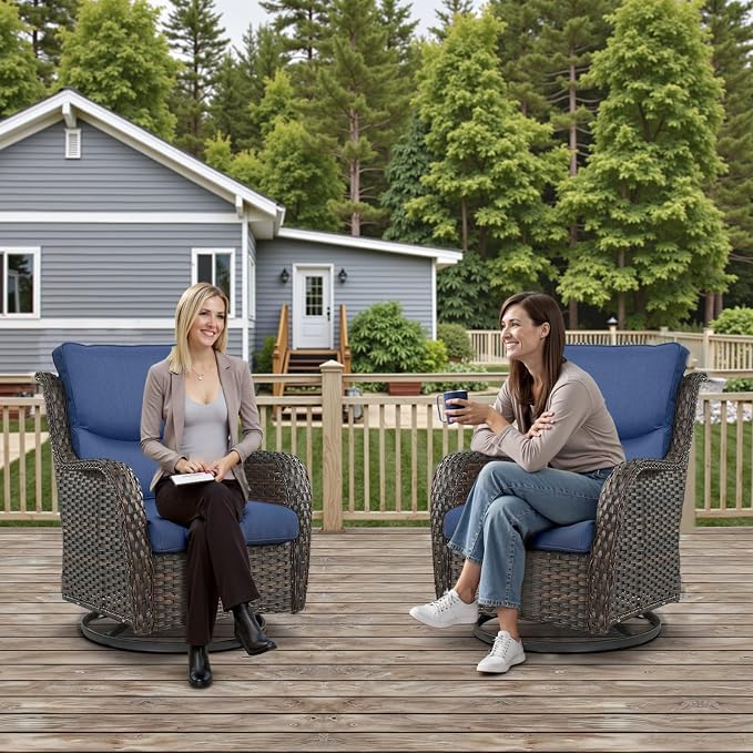 Outdoor Swivel Rocker Patio Chairs with 2 Ottomans - 5" Thick Cushion 5 Piece Furniture Set All Weather Wicker Conversation Set with Side Table for Porch Poolside and Deck - Brown/Blue