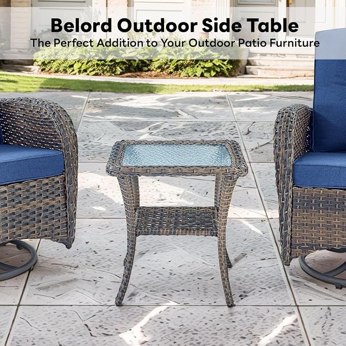 Belord Handwoven Wicker Side Table - 20 Inch Small Outdoor Table 2 Tier Storage with Tempered Glass Top, All Weather Outdoor Patio End Tables for Deck Balcony Outside Brown