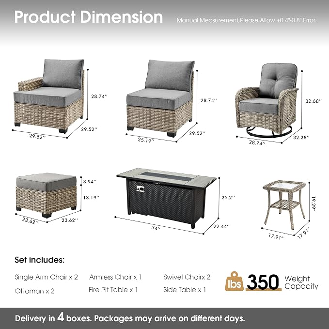 Wicker Patio Furniture Set with Fire Pit Table,9 Pieces Outdoor Sectional with Swivel Chairs Ottoman,Out Door Furniture Conversation Set,Dark Grey
