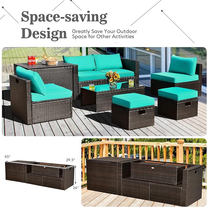 RELAX4LIFE 8-Piece Patio Furniture Set - PE Wicker Conversation Set w/Cushions, Pillows, Tempered Glass Table, Storage Box, Outdoor Sectional Sofa Set for Yard, Deck (Turquoise)