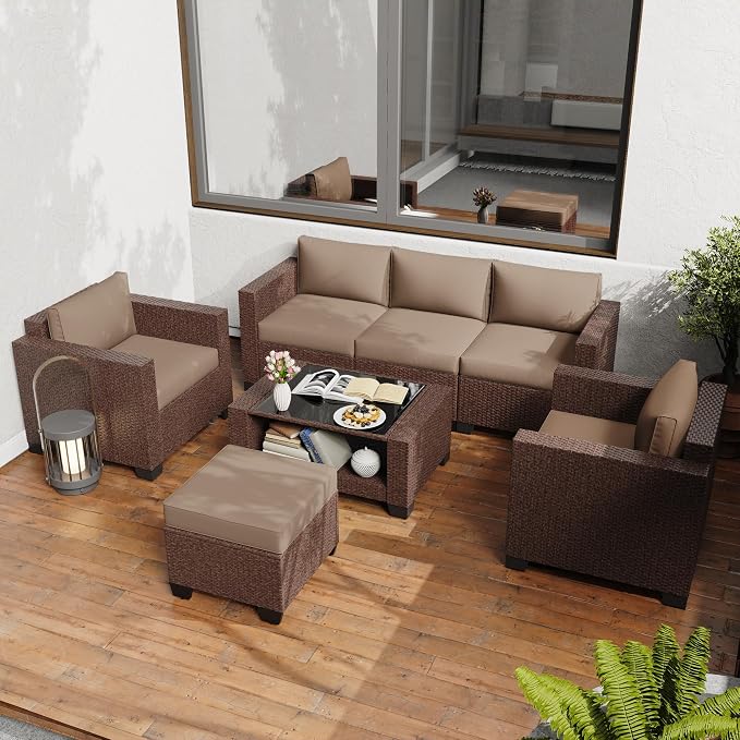 KIGOTY Patio Furniture Set 7 PCS Patio Conversation Sets, All-Weather PE Rattan Outdoor Sectional Sofa with Cushion and 2- Tier Glass Coffee Table(Brown/Camel)
