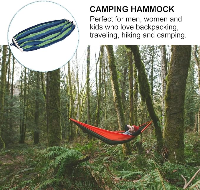 Happyyami Outdoor Hammock Striped Canvas Travel Hammock 190x100cm with Curved Spreaders for Hiking Backyard Patio Outdoor Relaxation