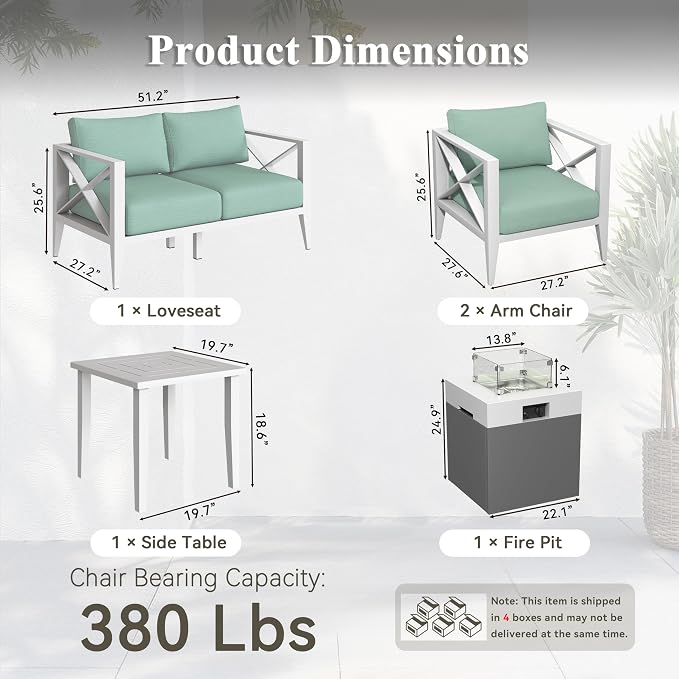 4 Piece Aluminum Patio Furniture Set with Fire Pit, Modern Outdoor Patio Conversation Sets with 2-IN-1 Fire Pit Table, 6" Thick Washable Cushions and Coffee Table for Balcony, Porch, Backyard,White