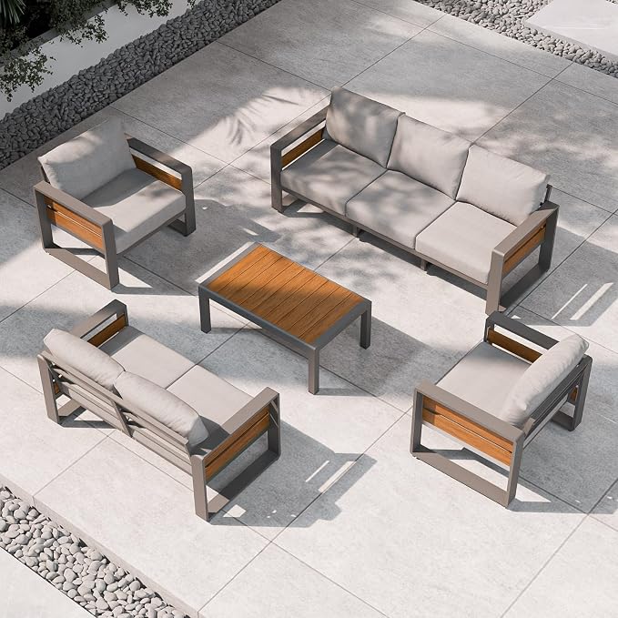 ZANDOR Aluminum Outdoor Patio Furniture Set with Coffee Table, 7 Seats Patio Conversation Sets with Washable Thick Cushions, Outdoor Sectional for Porch, Backyard, Deck, Garden & Poolside, Grey