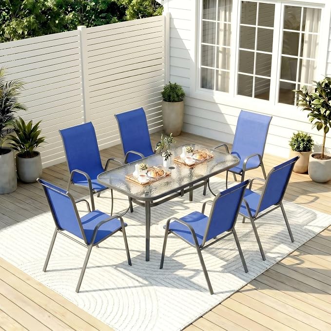 TLSUNNY 7 Pieces Patio Dining Set, Outdoor Table and Chairs W/1.69″ Umbrella Hole, 30"X 55" Table and Stackable Textilene Chair, All Weather Patio Furniture Set (Umbrella not Included) (Navy Blue)