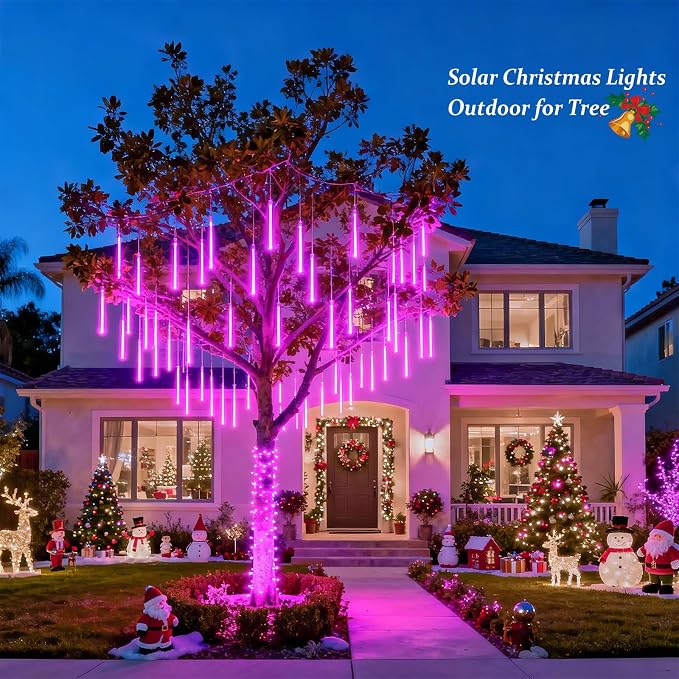 JMEXSUSS Pink Solar Meteor Shower Lights Outdoor, 8 Tube 144 LEDs | Solar Christmas Lights for Tree Eave Holiday Party Patio House Wedding Valentine's Day Decor