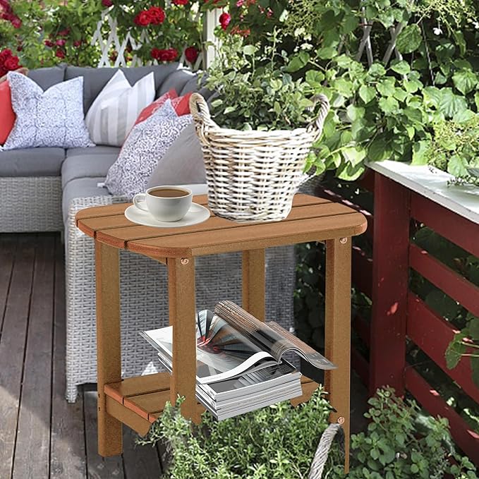 LZRS Adirondack Side Table - HDPE Outdoor Side Tables, Double Layer End Tables for Patio, Backyard,Pool, Indoor Companion, Easy Maintenance & Weather Resistant(Brown)