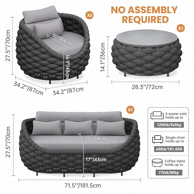 Modern Outdoor Living Room Furniture Set: 4-Piece Alumunim Assembled Woven Rope Accent Patio Conversation Set, All-Weather Lounge Sofa Set for Porch Backyard Garden Deck Poolside Hotel
