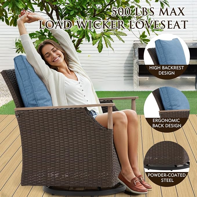 MELLCOM Patio Furniture Set, 5PCS Outdoor Wicker Conversation Set with 4" Thick Cushions, Weather Resistant Olefin Fabric for Garden, Poolside, Blue