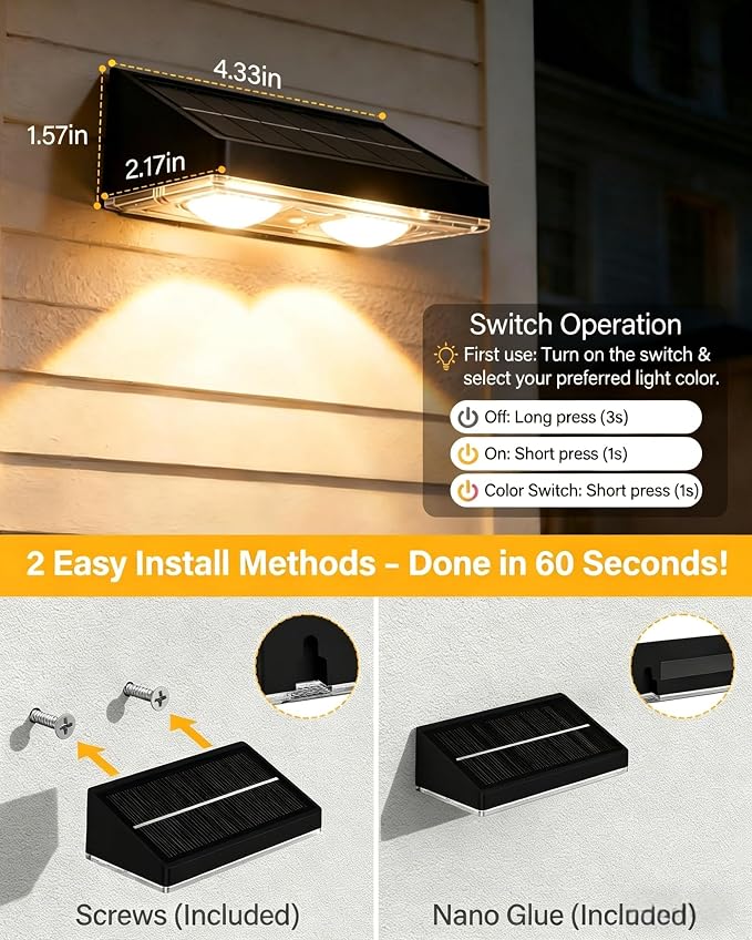 Solar Fence Lights Outdoor, 2 Pack Fence Lights Solar Powered | 85LM Solar Lights, 9 RGB Color Modes, IP65 Waterproof, 12H Dusk to Dawn Glow for Pool/Deck/Patio/Wall/Backyard - Matte Black