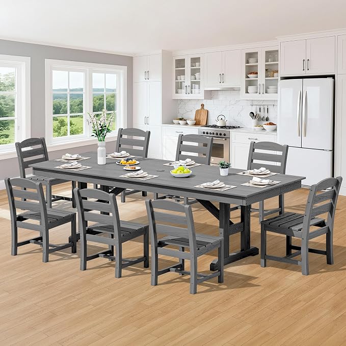 SERWALL 9 Piece Outdoor Dining Set, 84" HDPE Outdoor Table and Armless Chairs Set for 8,All Weather Patio Furniture Set with Umbrella Hole for Backyard, Garden, Gray
