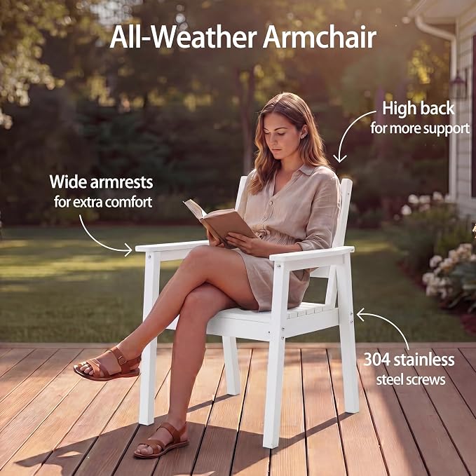 7-Piece Outdoor Dining Set, All-Weather HDPE Patio Furniture, 66.5" Slatted Table with 1.6" Umbrella Hole & 6 Ergonomic Armchairs, Heavy Duty 350lbs Capacity, UV Resistant, White