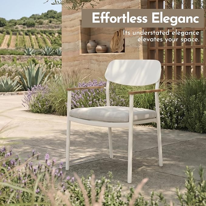 Modern Shade Lusso Outdoor Dining Chairs Set of 6, Fade Resistant, All-Aluminum Outdoor Chairs with FSC Teak Wood Armrests, Weather-Resistant Patio Chair with Quick Dry Cushion, White