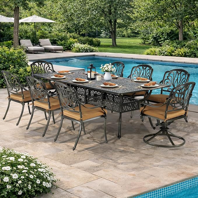 VIVIJASON 9-Piece Outdoor Dining Set, Cast Aluminum Patio Furniture Table & Chairs Set for 8, Include 94.5" Rectangular Table, 2 Swivel Rockers, 6 Stationary Chairs, Umbrella Hole, Khaki Cushion