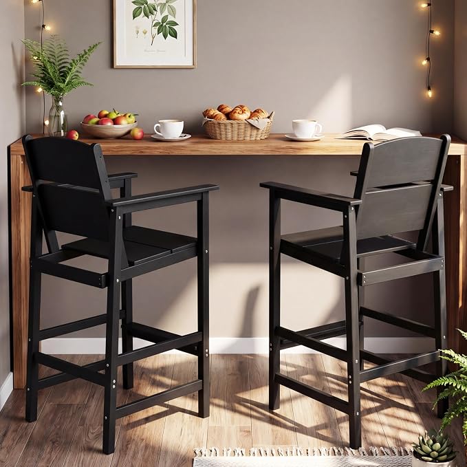 2 Pack Outdoor Bar Stools, HDPE Patio Bar Chairs with Armrests & Footrest, Weather Resistant All-Weather Counter Height Chairs for Outdoor Deck, Backyard, Poolside,Black