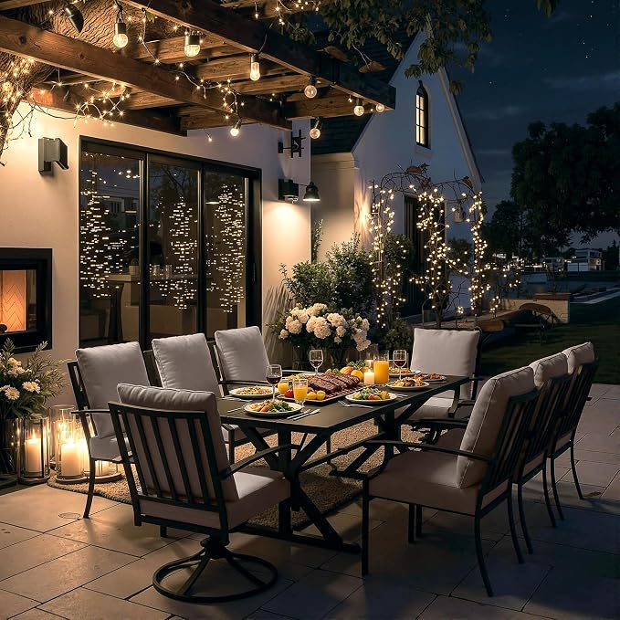 ALAULM 9-Piece Patio Dining Set,Outdoor Metal Dining Set with 2 Swivel Chairs & Rectangle Table with 1.5 Umbrella Hole, Patio Dining Table and Chairs for Backyard,Sand
