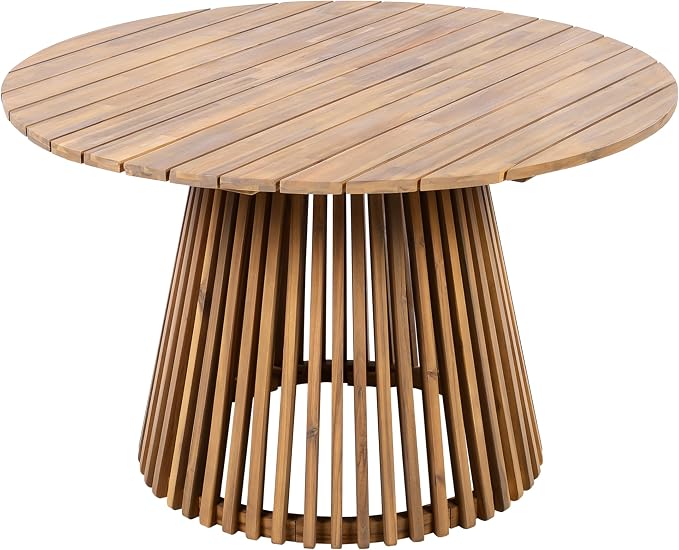 Round Acacia Wood Patio Dining Table, 47.25 Inch, Light Teak