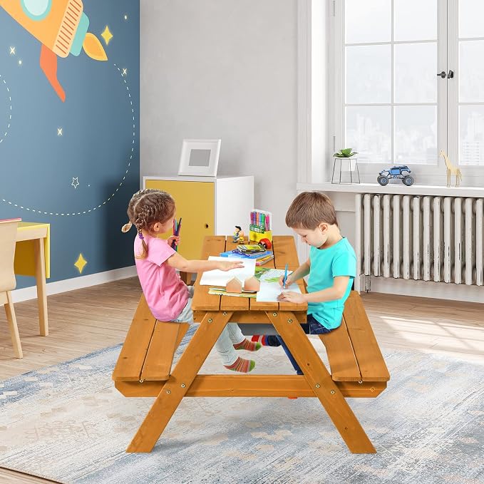 KOTEK Kids Picnic Table, 4 in 1 Sand and Water Table w/Detachable Tabletop, 2 Removable Play Boxes, Foldable & Height Adjustable Umbrella, Wood Sensory Table and Bench for Outdoors, Indoors (Natural)