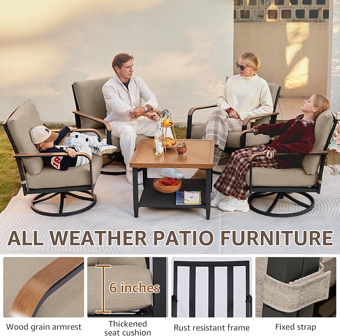 NATURAL EXPRESSIONS Patio Furniture Sets,Modern Metal Outdoor Conversation Sofa Set with 4 Pc High Back Swivel Rocking Chairs,Anti-Scald Armrest,Double-Deck Wooden-GrainTable, 6" Cushions for Balcony