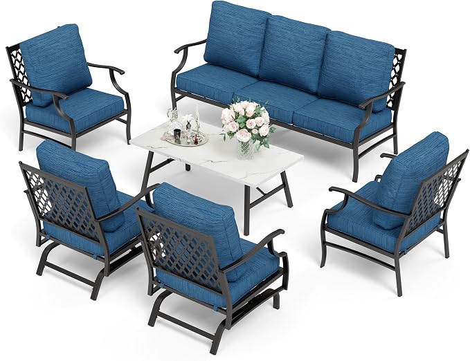 HERA'S HOUSE 6 Piece Patio Furniture Set, 2 x Rocking Chair, 2 x Fixed Chair, 1 x 3-Seat Sofa with Marbling Coffee Table, 7 Seats Outdoor Conversation Set for Lawn Garden Backyard, Pacific Blue