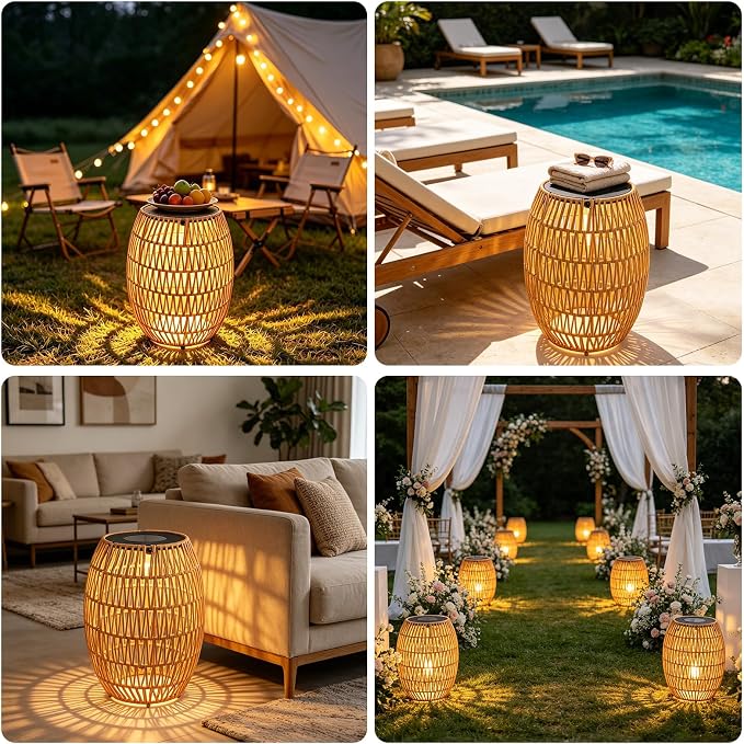 Solar Outdoor Side Table, Boho Handwoven Drum Rattan, 12.8" D x 16.9" H | 3-Color Temperature Light, Patio End Table, Dusk to Dawn Auto Sensor, IP65 Waterproof, For Porch Balcony Garden
