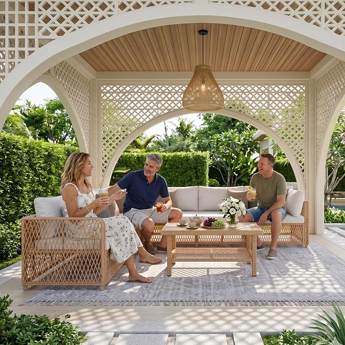 ABCASA Patio Sectional Furniture Set with Waterproof Cover, Oversized Wicker Outdoor Furniture Set w/Water-Resistant Fabric & Thick Cushions, L Shaped Patio Conversation Set for Poolside Yard,Beige