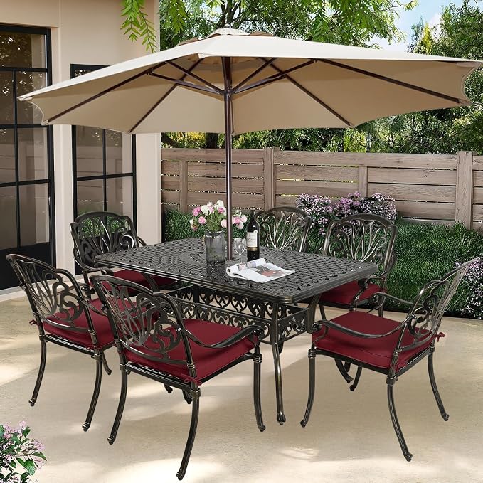 7-Piece Outdoor Patio Dining Set, 60” Rectangular Cast Aluminum Dining Table with Umbrella Hole and 6 Outdoor Dining Cushioned Chairs, Patio Funiture Set for Backyard, Patio, Garden, Red